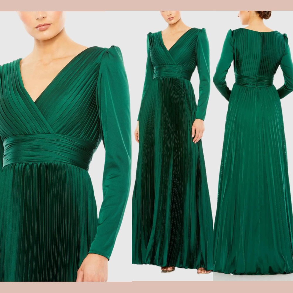 NWT IEENA MAC DUGGAL [ 20‎ ] 26542 Pleated Long Sleeve V-Neck Gown Emerald S1918